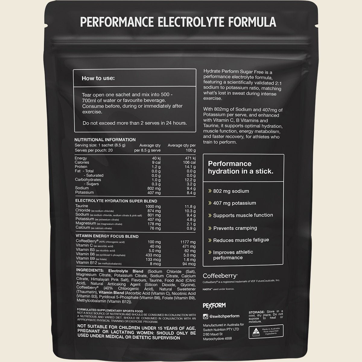 Switch Nutrition Hydrate Perform Sugar Free Lemon Lime 20x8.5g