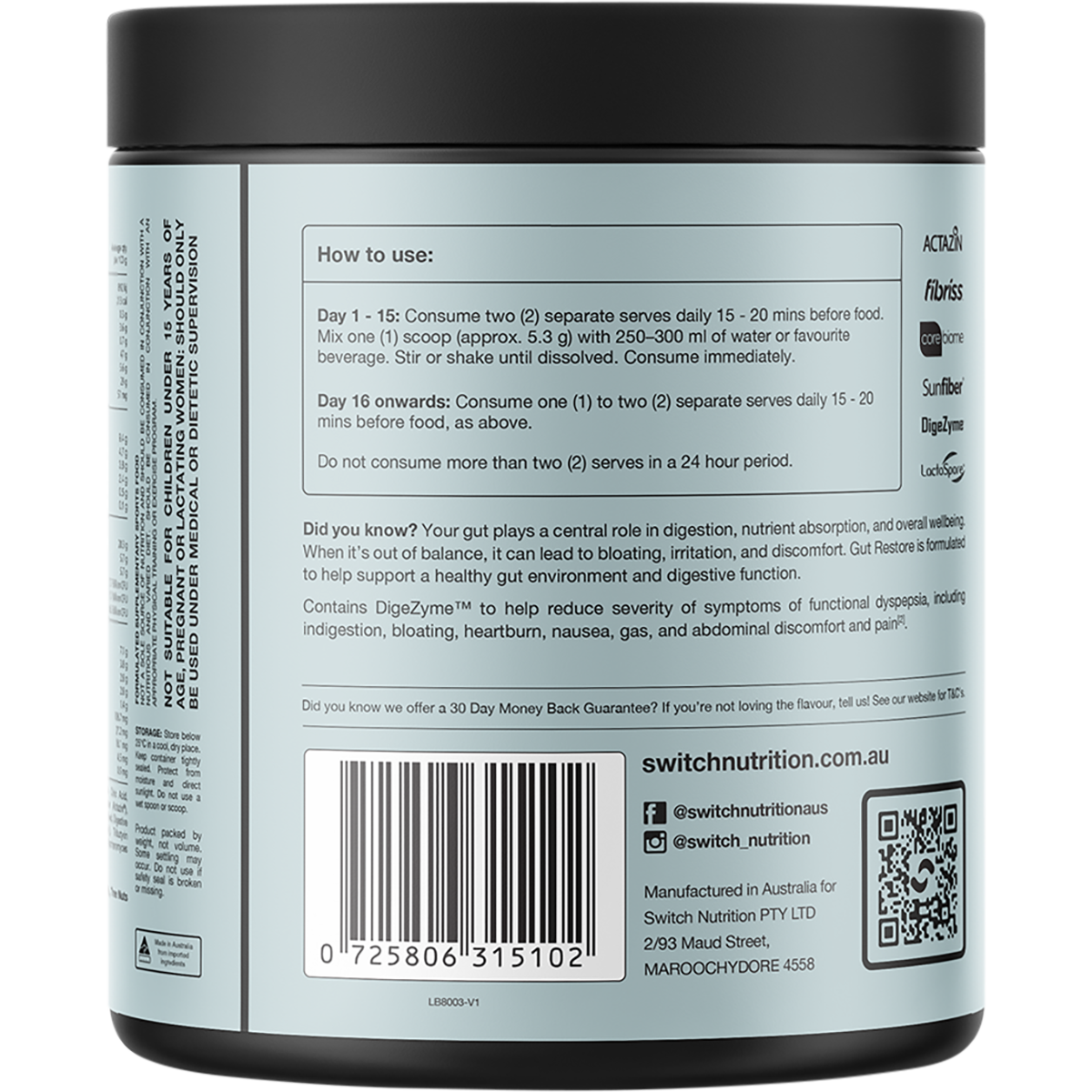 Switch Nutrition Gut Restore Natural Powder 159g