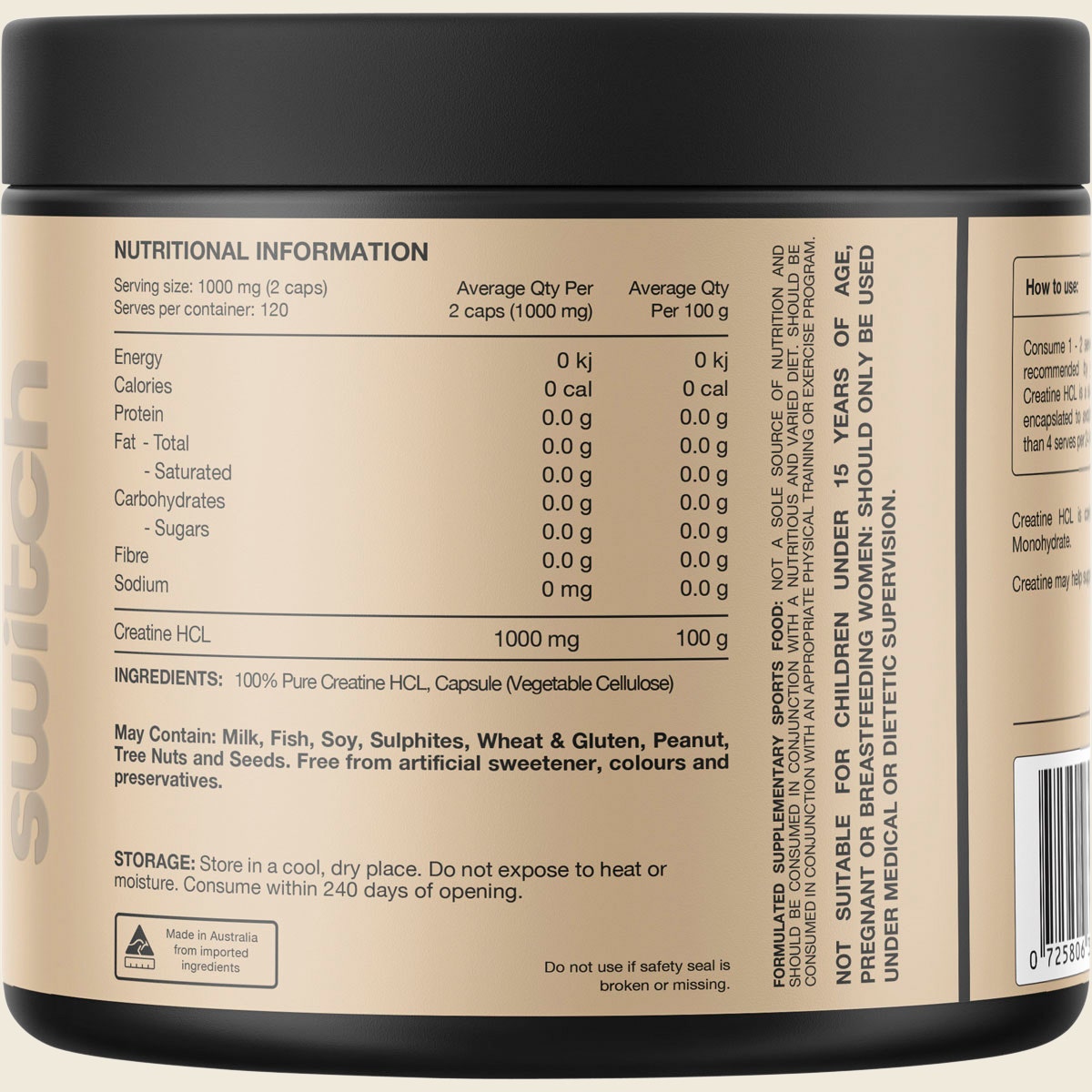 Switch Nutrition Creatine 100% Pure HCL 240 Caps