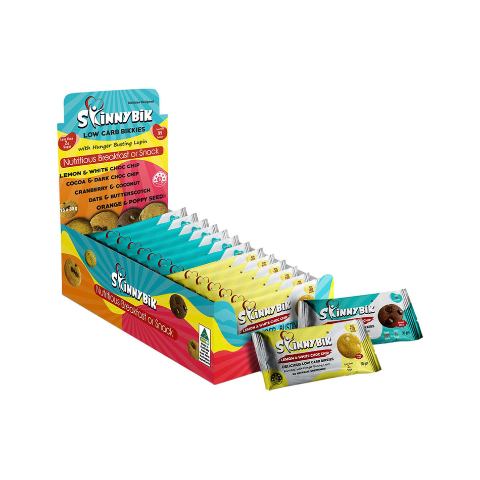 Skinnybik Gluten Free Biscuits Mixed Flavours (2 x 15g) (Pack of 18) (contains: Lemon White Choc Chip & Cocoa Dark Choc Chip)