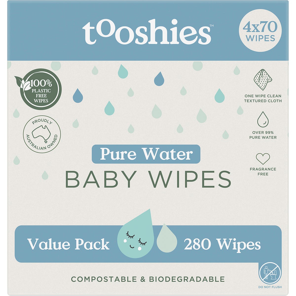 Tooshies Pure Water Baby Wipes Value Pack 4x70 Pack