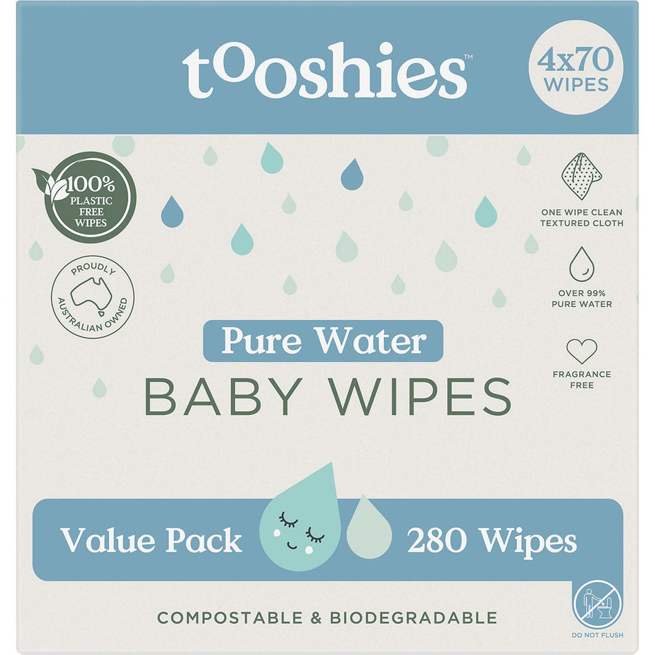 Tooshies Pure Water Baby Wipes Value Pack 4x70 Pack