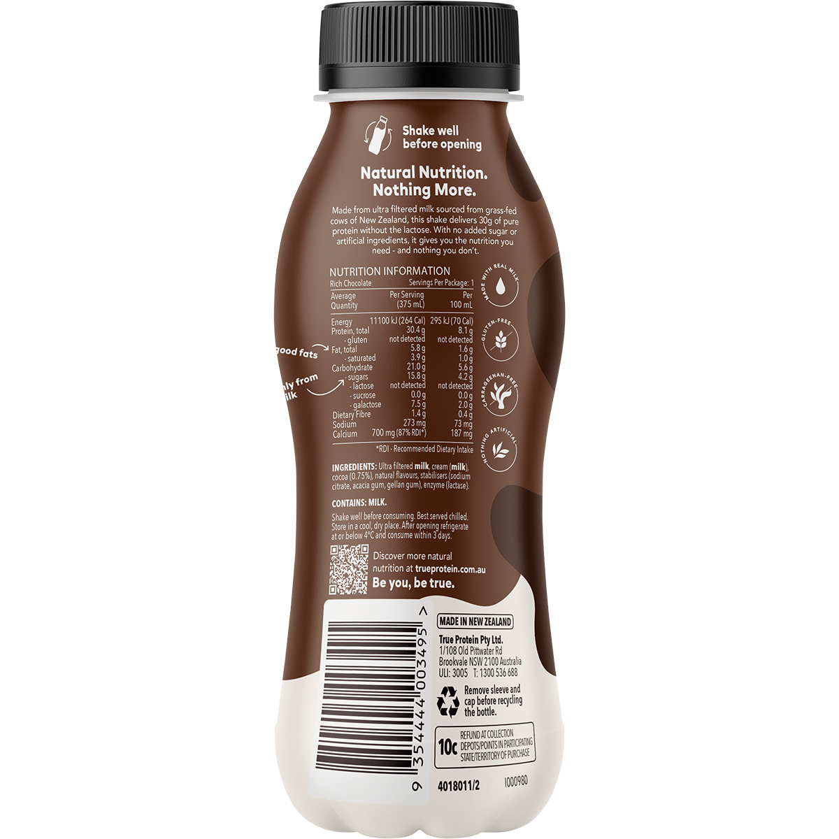 True Protein Rich Chocolate All Natural Protein Shake 375ml x 12 Pack