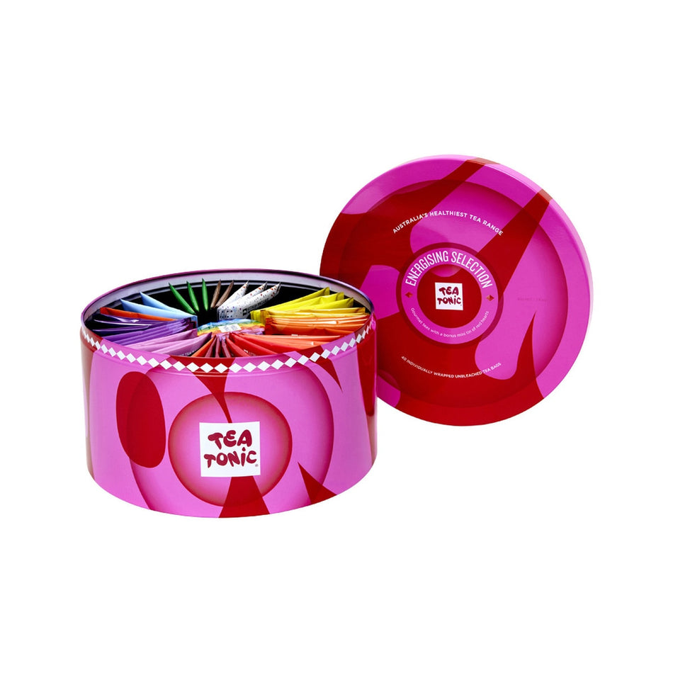 Tea Tonic Energising Selection Round Tin X 40 Tea Bags Contains Bonus Mini Tin of Red Hearts