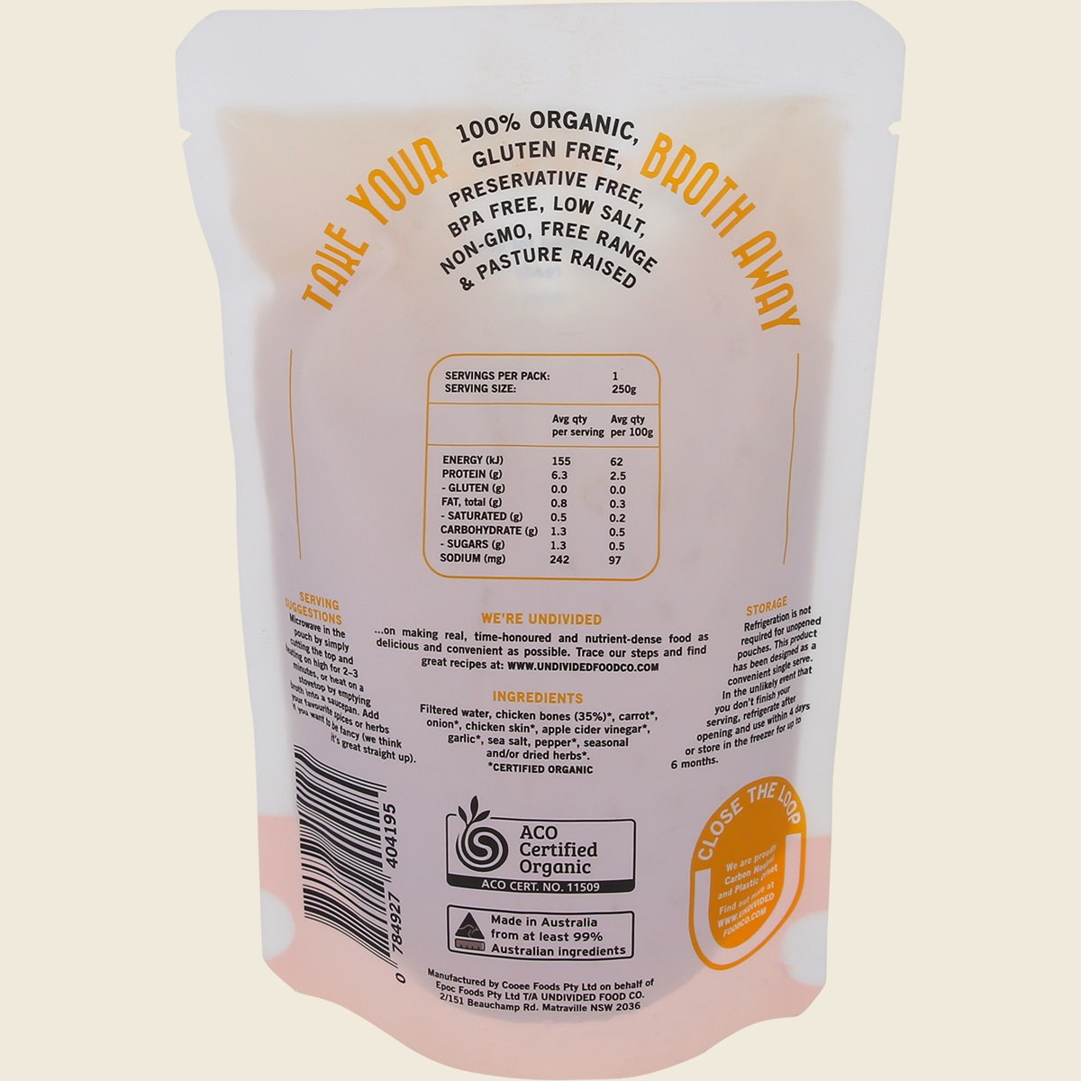 Undivided Food Co Good Bones 100% Organic Chicken Bone Broth 8x250ml