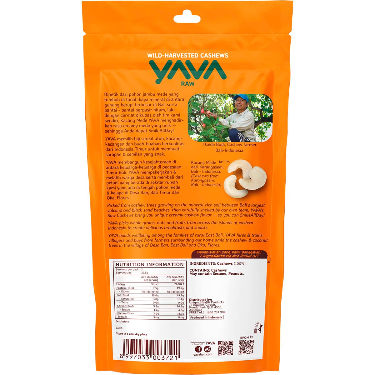 YAVA Wild-Harvested Cashews Raw 75g