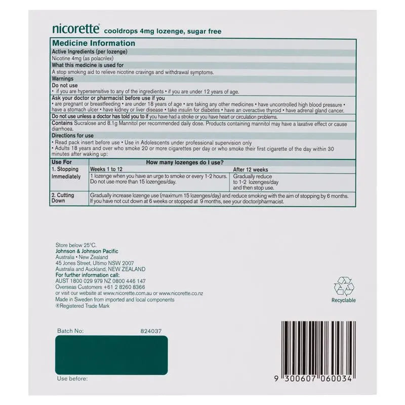 Nicorette Extra Strength Cooldrops Nicotine 4mg Icy Mint 160 Lozenges
