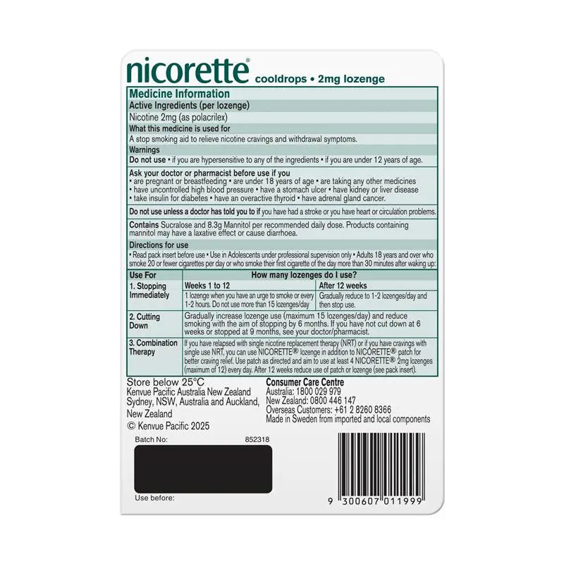 Nicorette Cooldrops Nicotine 2mg Icy Mint Regular Strength 40 Lozenges