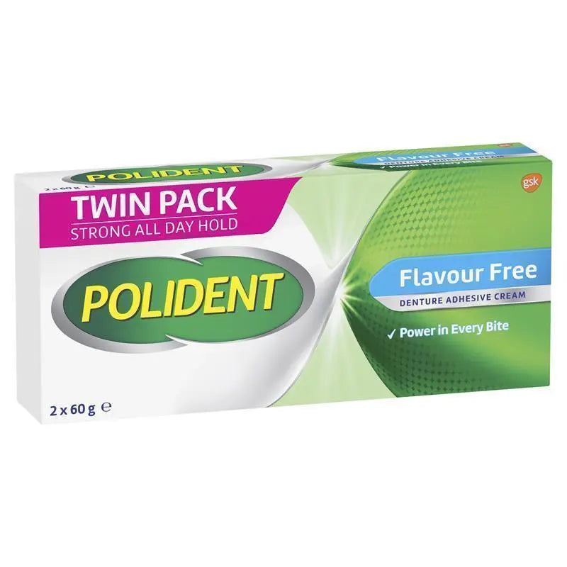 Polident Denture Adhesive Cream Flavour Free 2X60g Pack Twin Size