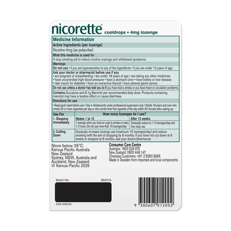 Nicorette Cooldrops Nicotine 4mg Icy Mint Regular Strength 40 Lozenges