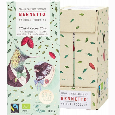 BENNETTO Organic Dark Chocolate Mint And Cocoa Nibs 100g 14PK