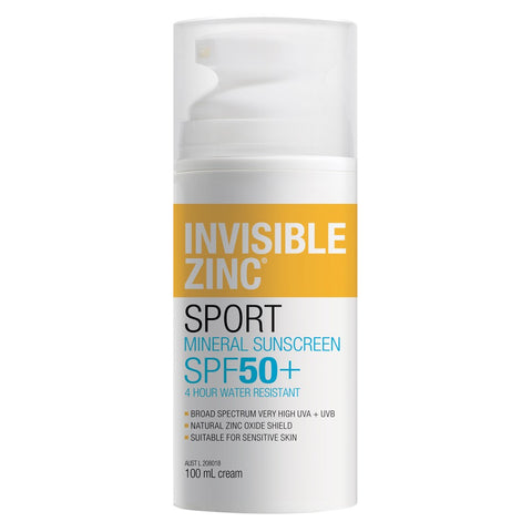 Invisible Zinc SPF 50+ Sport Mineral Sunscreen 4 Hour Water Resistant 100ml