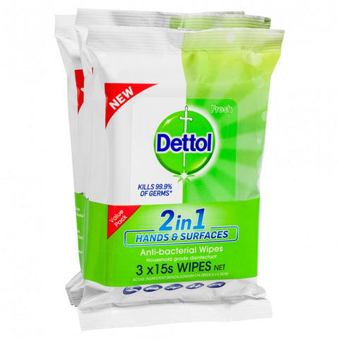 DETTOL 2n1 Hands & Surfaces Anti-bacterial Wipes 3 Wipes