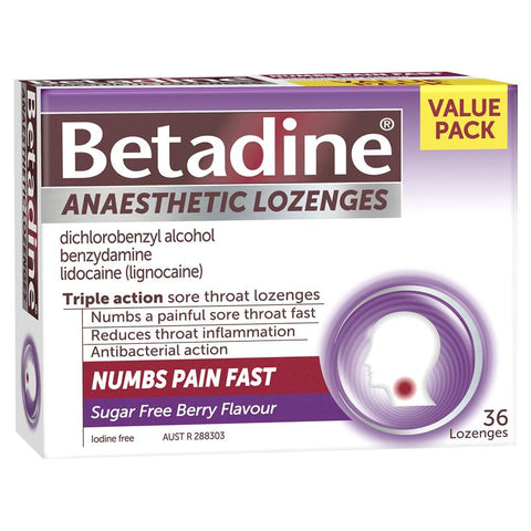 Betadine Anaesthetic Lozenges Berry Flavour 36 Pack - Sore Throat Lozenges
