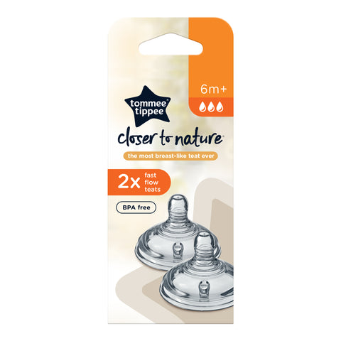 Tommee Tippee Closer to Nature Fast Flow Teats, 6m+ 2 Pack (Colours May Vary)