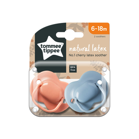 Tommee Tippee Natural Latex Cherry Soothers, Symmetrical Design, BPA-Free, 6-18m,  Pack of 2 Dummies (Colour/Design May Vary)