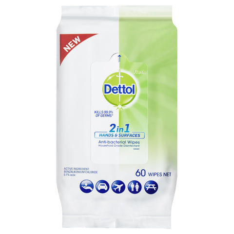 Dettol 2in1 Hands & Surfaces Antibacterial 60 Wipes