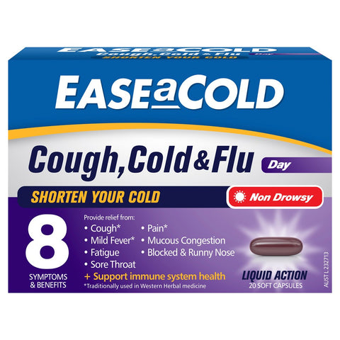 EASE a COLD Cough, Cold & Flu DAY ONLY 20 Soft Capsules