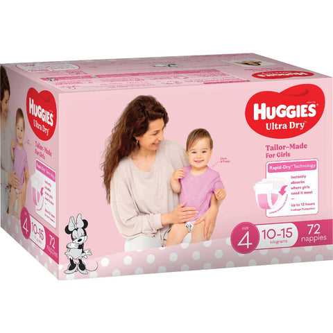 Huggies Ultra Dry Nappies Girls Size 4 (10-15kg) 72 Pack