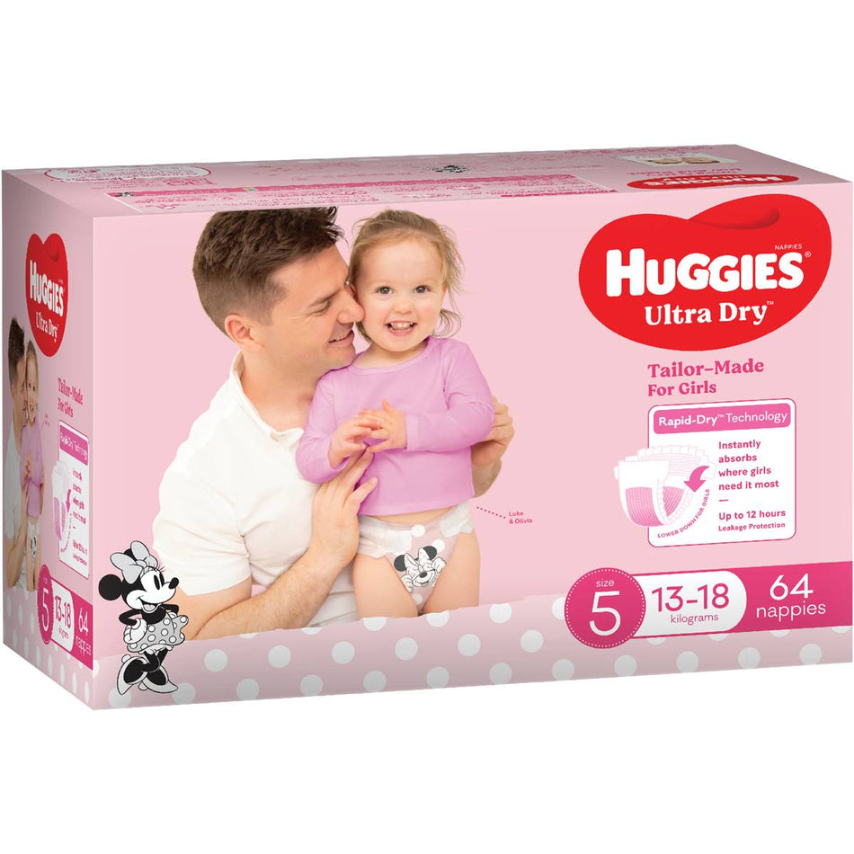 Huggies Ultra Dry Nappies Girls Size 5 (13-18kg) 64 Pack