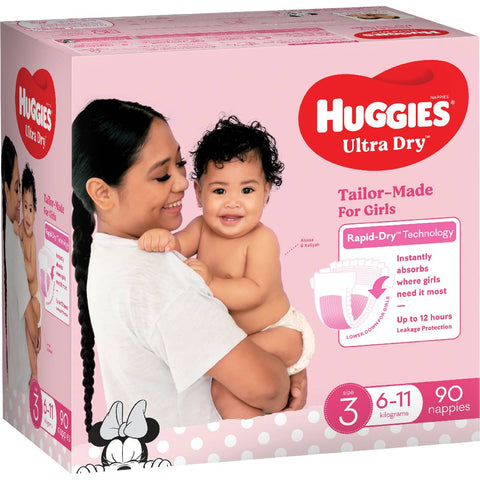 Huggies Ultra Dry Nappies Girls Size 3 (6-11kg) 90 Pack