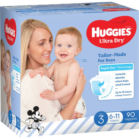 Huggies Ultra Dry Nappies Boys Size 3 (6-11kg) 90 Pack