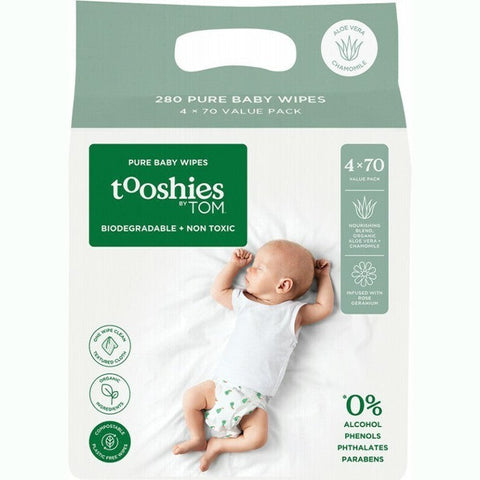 TOOSHIES Pure Baby Wipes - Value Pack Aloe Vera & Chamomile 4x70