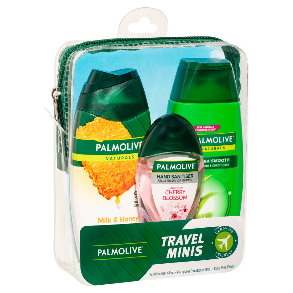 Palmolive Travel Minis Hand Sanitiser, Shampoo & Conditioner, Body Wash Set