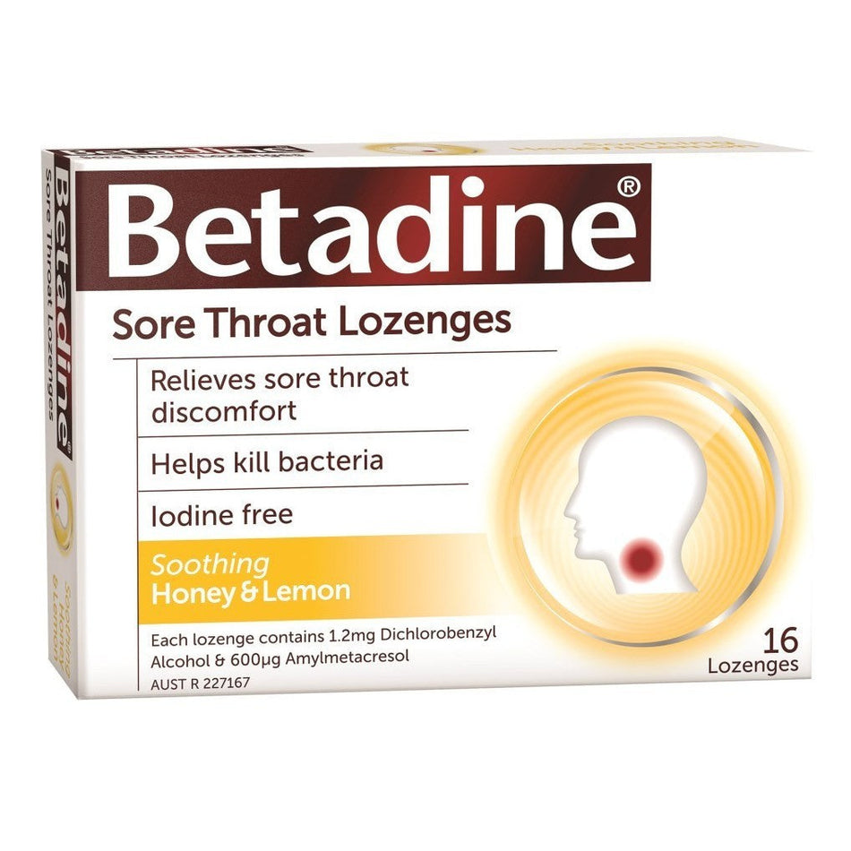 Betadine Sore Throat Lozenges Soothing Honey & Lemon Flavour 16 Pack