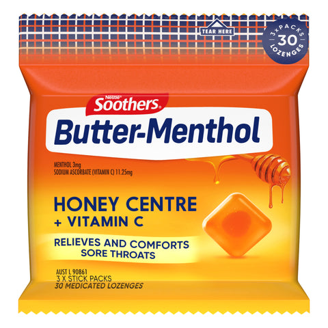 SOOTHERS Butter-Menthol Honey Centre Sore Throat Lozenges 30 Pack