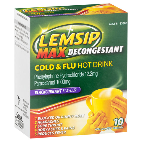 Lemsip Max Cold & Flu Hot Drink with Decongestant Blackcurrant Flavour 10 Sachets