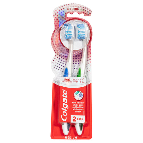 Colgate 360 Optic White Platinum with 2 whitening actions Toothbrush Medium Value 2-Pack