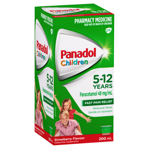 Panadol Children 5-12 Years Suspension Fever & Pain Relief Strawberry Flavour 200mL