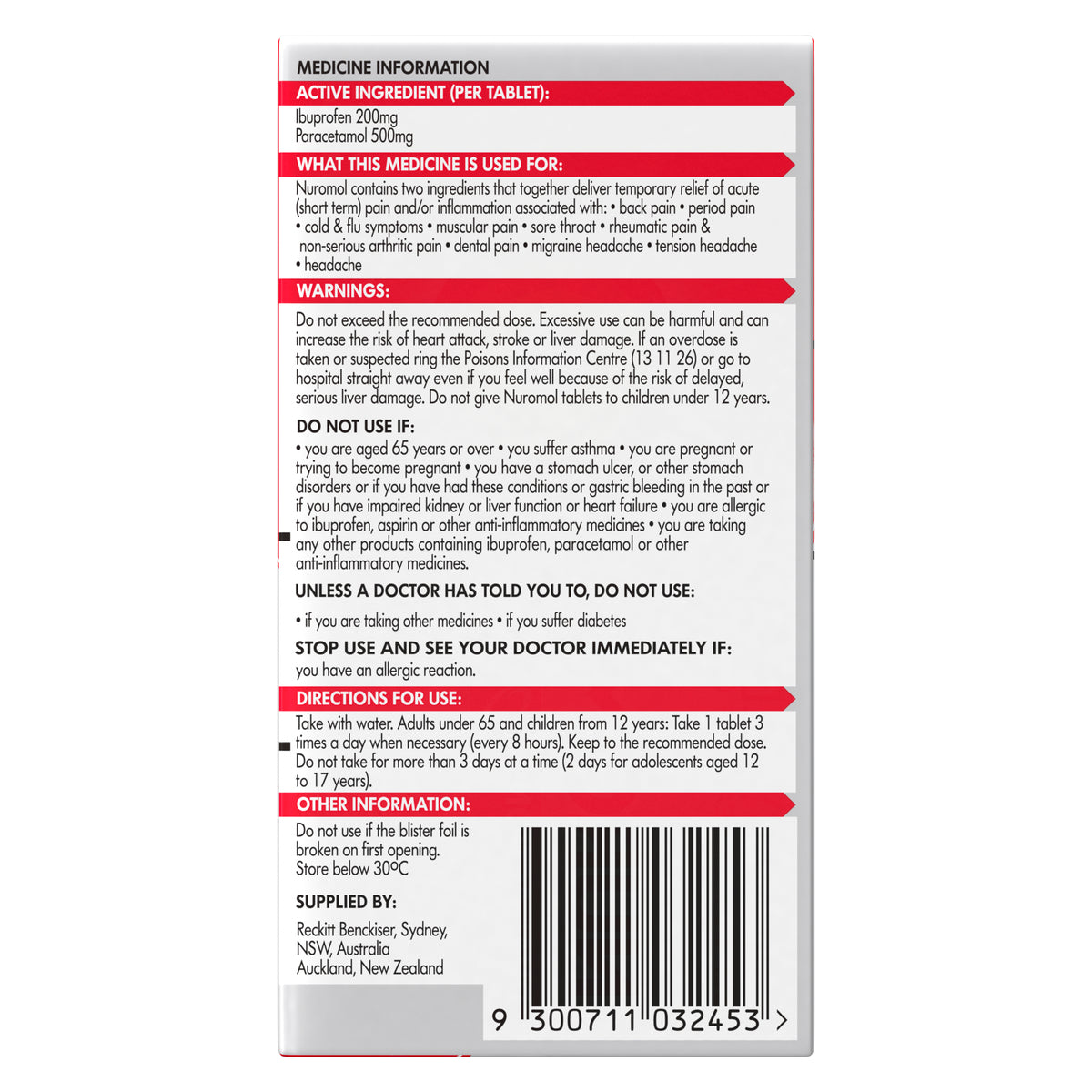 Nuromol Tab x 12 Paracetamol and Ibuprofen
