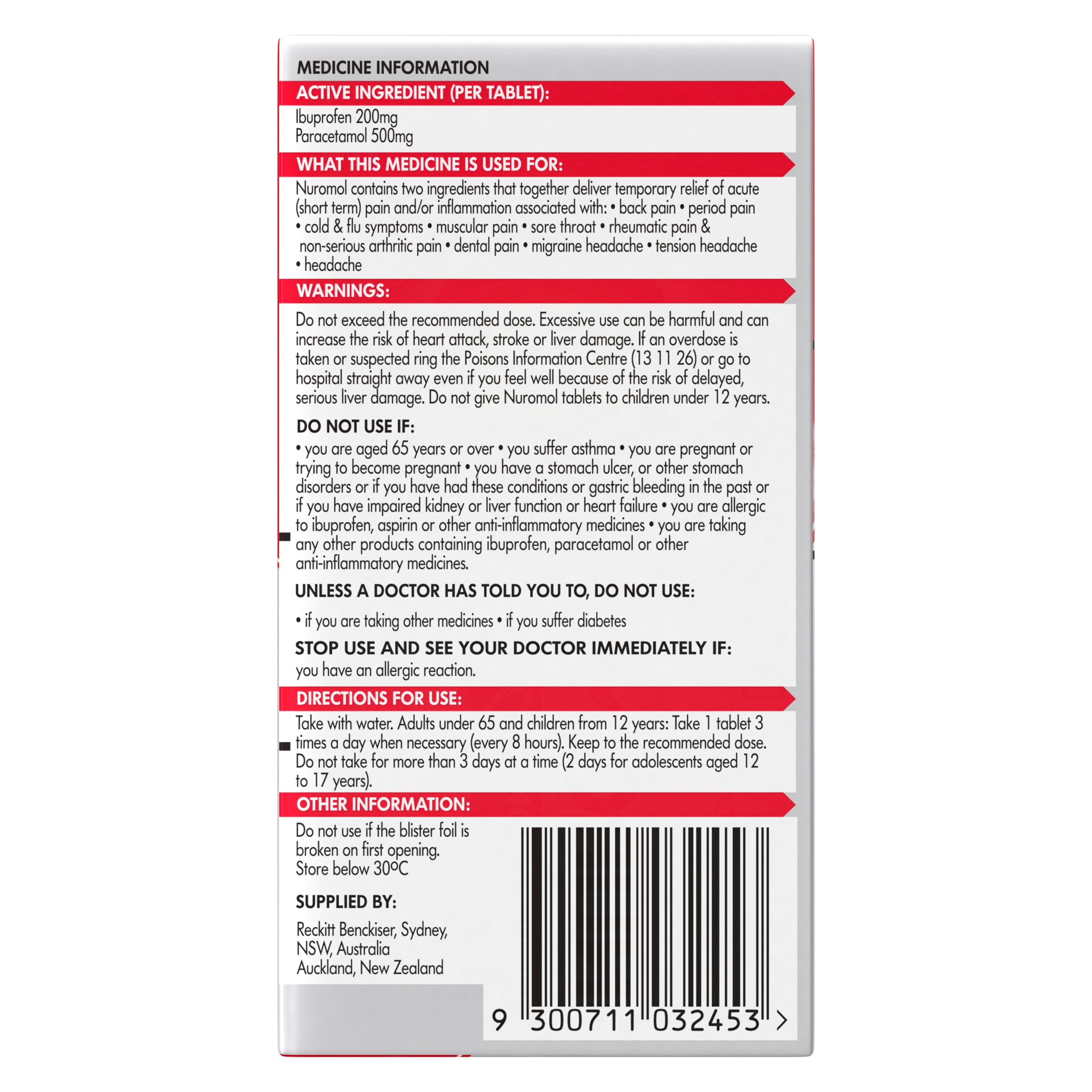 Nuromol Tab x 12 Paracetamol and Ibuprofen