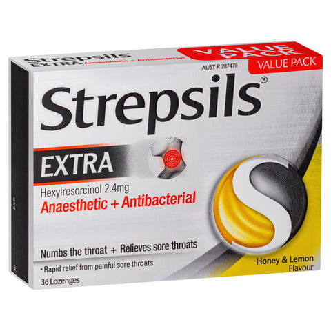 Strepsils Extra Honey Lemon Lozenges 36pk Fast Numbing Sore Throat Pain Relief with Anaesthetic