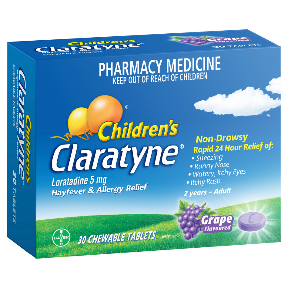 Claratyne Children's Hayfever & Allergy Relief Antihistamine Grape Flavoured Chewable 30 Tablets