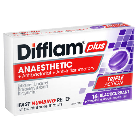Difflam Plus Sore Throat Lozenges + Anaesthetic Blackcurrant 16