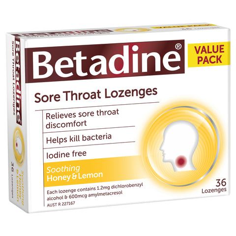 Betadine Sore Throat Lozenges Soothing Honey & Lemon Flavour 36 Pack