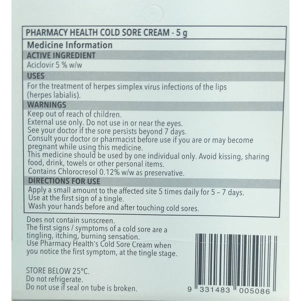 Buy PHarmacy health COLD SORE CREAM 5G Online at Cutpricepharmacy ...