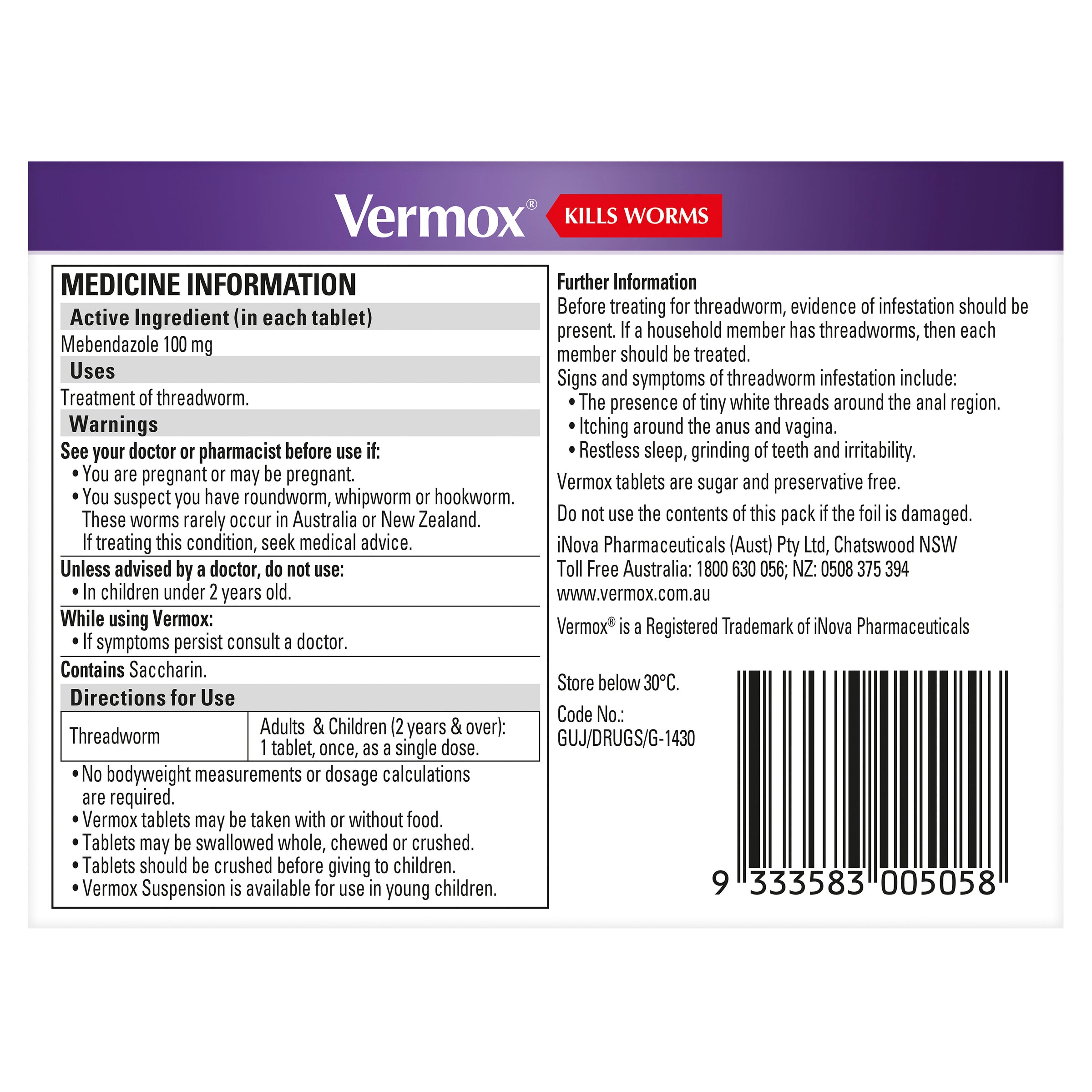 Vermox Orange 4 Tablets