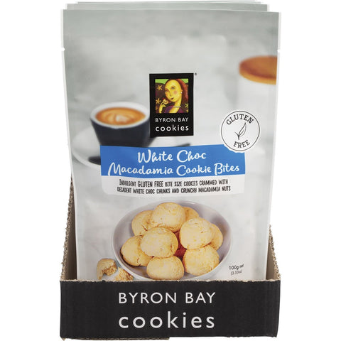 BYRON BAY COOKIES Gluten Free Cookie Bites White Choc Macadamia 100g 6PK