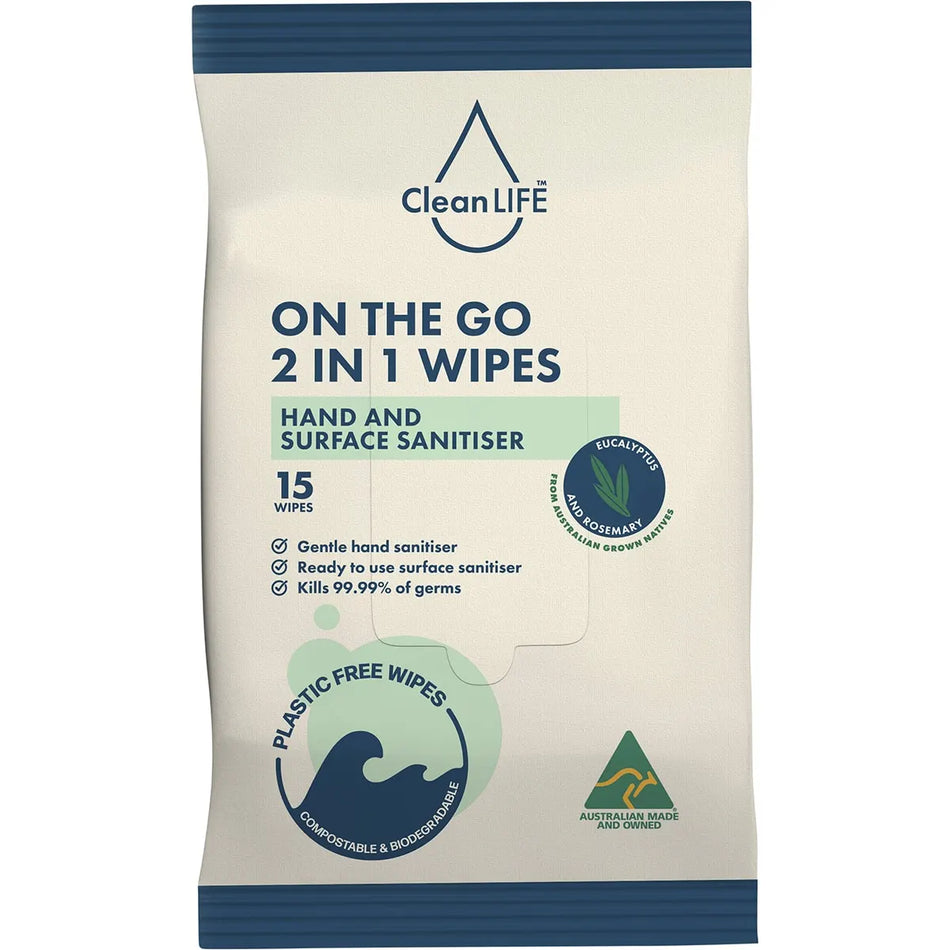 CLEANLIFE 2 In 1 Plastic Free Wipes Hand and Surface Sanitiser 15p