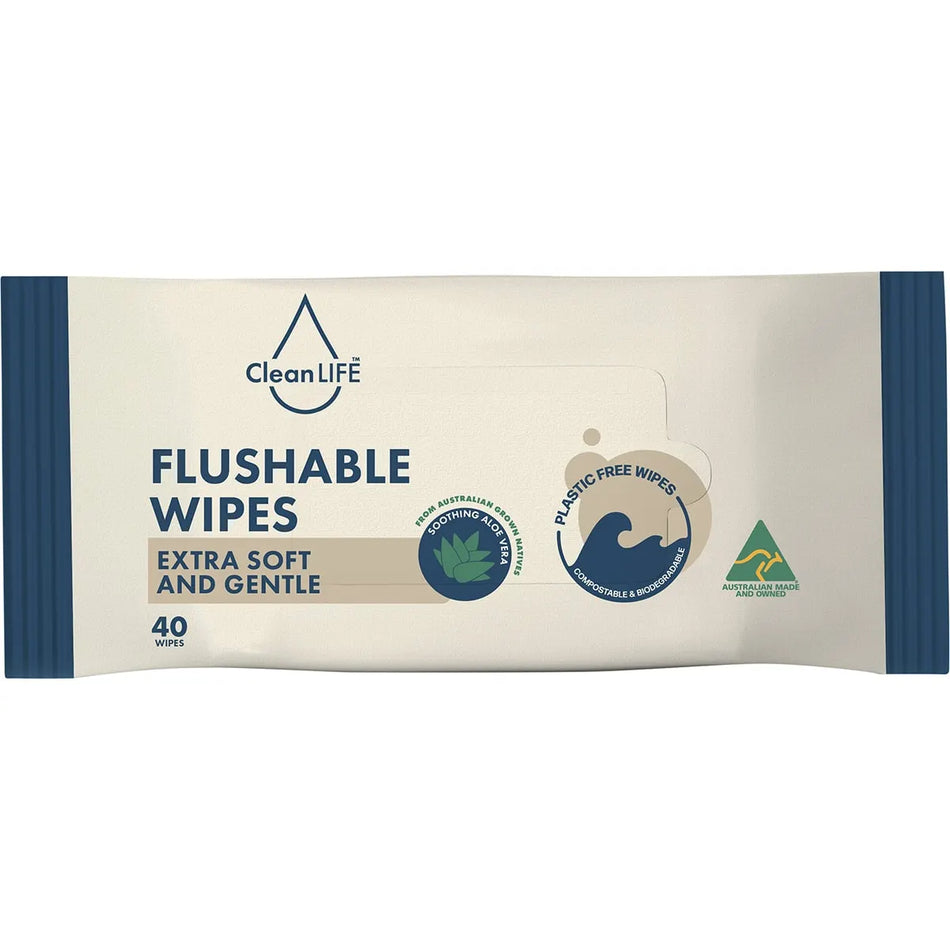 CLEANLIFE Flushable Plastic Free Wipes Extra Soft and Gentle 40pk