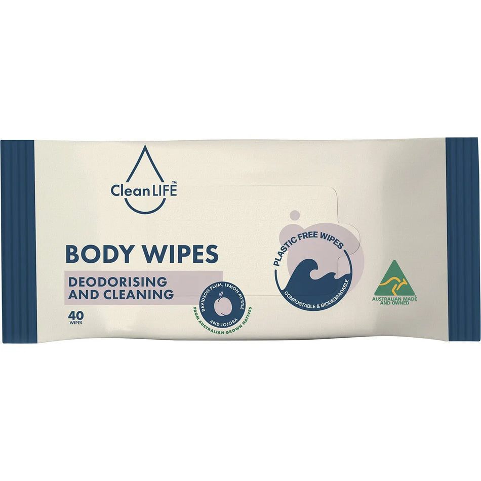 CLEANLIFE Body Plastic Free Wipes Deodorising and Cleaning 40pk