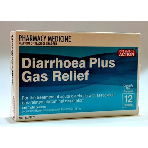 Pharmacy Action Diarrhoea Plus Gas Relief 12 Tabs (Generic of Gastro-Stop Plus)
