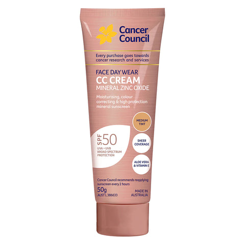 Cancer Council Mineral Zinc Oxide Face Day Wear SPF50 CC Cream 50g Medium Tint