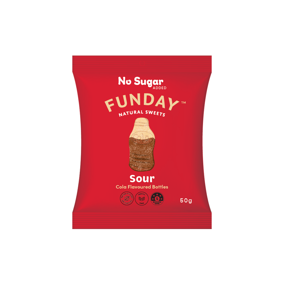 Funday Natural Sweets Gummy Bottles Sour Cola 50g (Pack of 12)