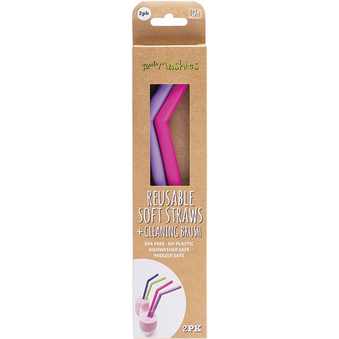 LITTLE MASHIES Reusable Soft Silicone Straws Pink & Purple + Cleaning Brush 2