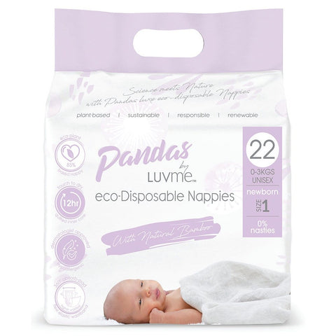 Pandas by Luvme ECO Disposable Nappies Newborn (0-3kg) 22 Pk (Pack of 4)